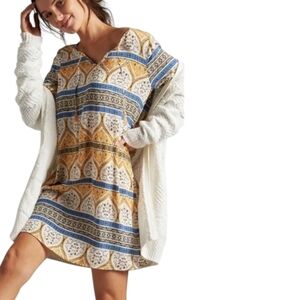 Roxy Yellow Blue Designed Shift Dress With V-neck & Tassles